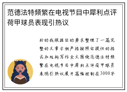 范德法特频繁在电视节目中犀利点评荷甲球员表现引热议